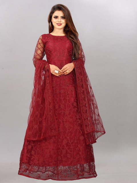 

APNISHA Women Maroon Net Embroidered Semi-Stitched Maxi Dress With Dupatta