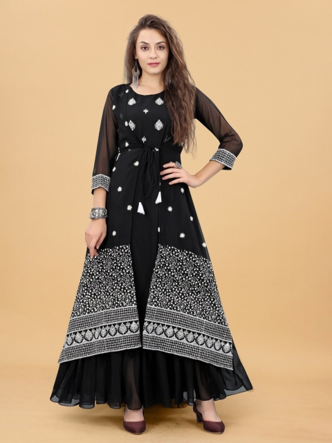 

APNISHA Black Ethnic Motifs Embroidered Layered Georgette Maxi Semi-Stitched Dress