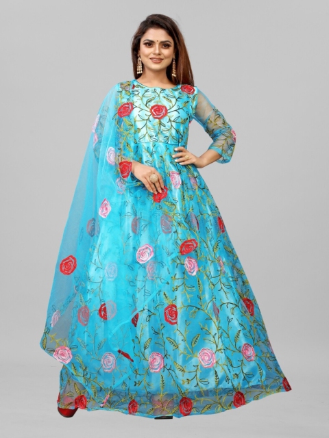 

APNISHA Blue Floral Embroidered Net Maxi Semi-Stitched Dress with Dupatta