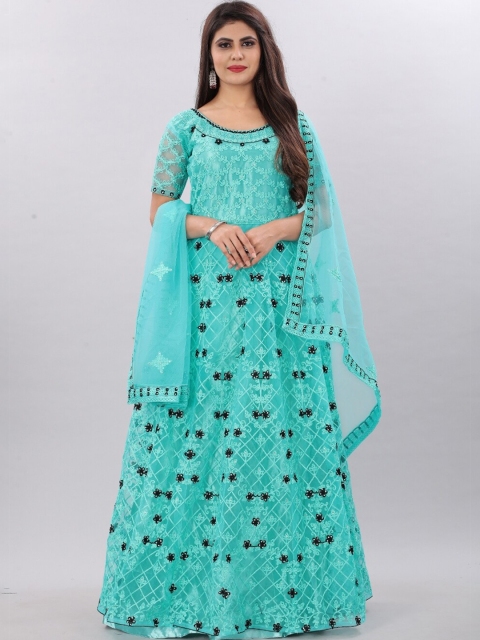 

APNISHA Ethnic Blue Floral Net Maxi Semi-Stitched Dress with Dupatta