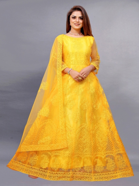 

APNISHA Yellow Ethnic Embroidered Net Maxi Semi-Stitched Dress with Dupatta