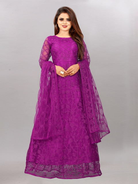 

APNISHA Purple Ethnic Embroidered Net Maxi Semi-Stitched Dress with Dupatta