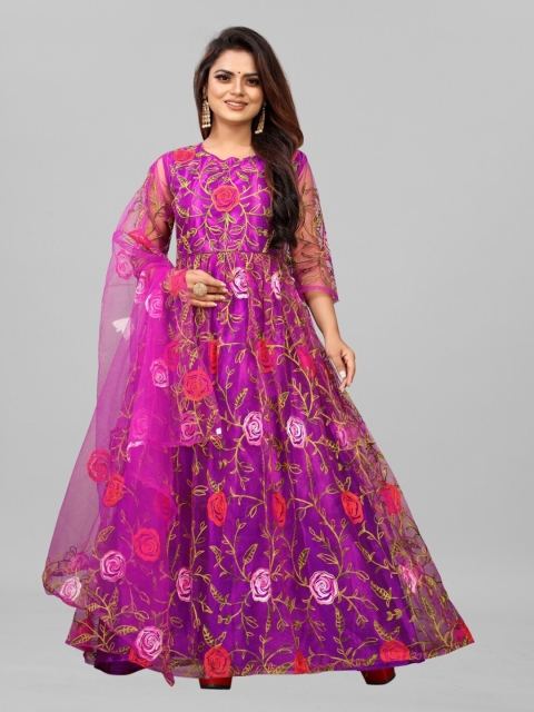 

APNISHA Purple Ethnic Motifs Net Embroidered Semi-Stitched Maxi Dress With Dupatta