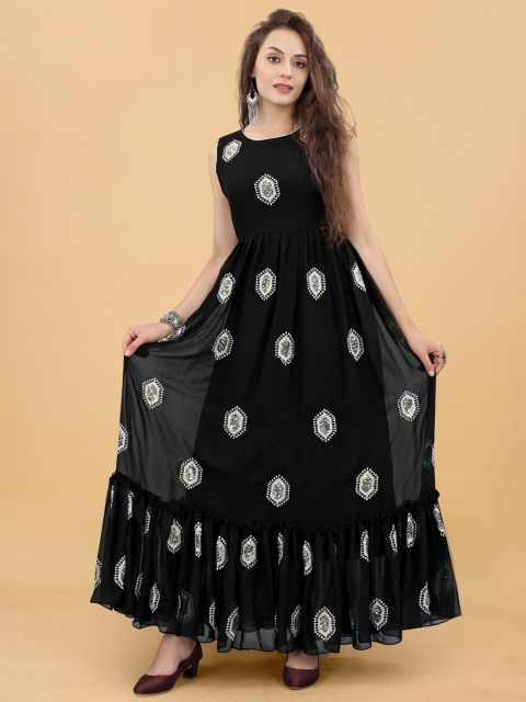 

APNISHA Black Ethnic Motifs Embroidered Georgette Maxi Dress