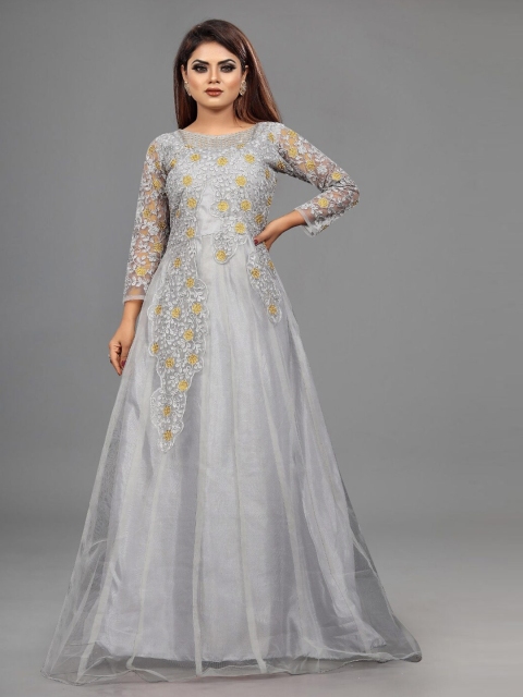

APNISHA Grey Floral Embroidered Net Semi-Stitched Maxi Dress