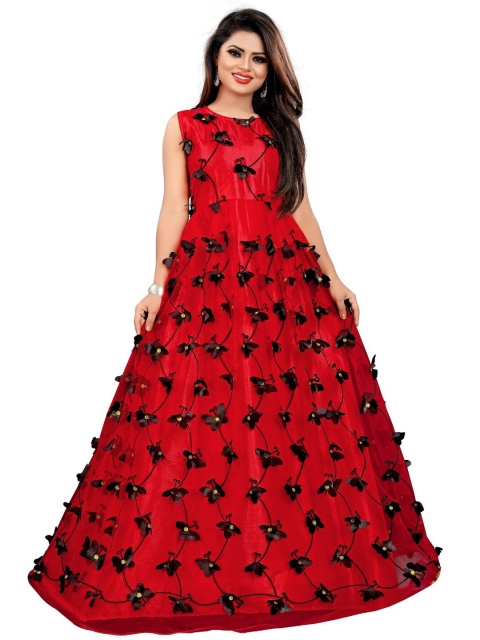 

APNISHA Red Butterfly Embellished Net Semi-Stitched Dress