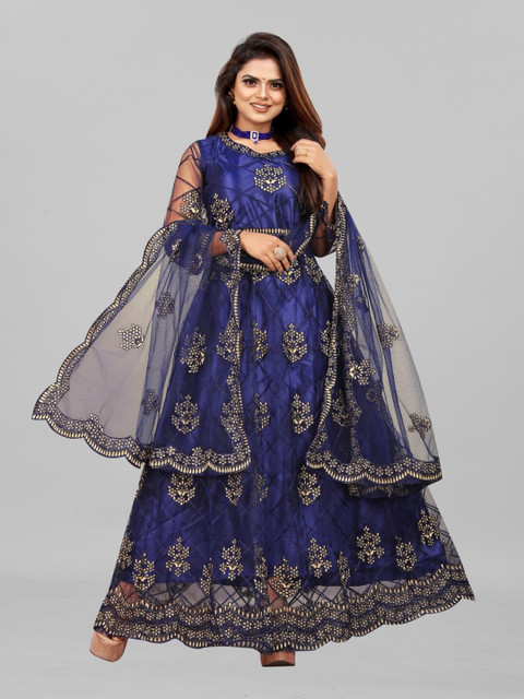 

APNISHA Navy Blue Ethnic Motifs Net Maxi Semi-Stitched Dress With Dupatta