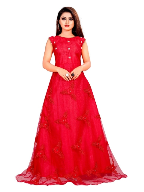 

APNISHA Red Embellished Net Pearl Work Semi-Stitched Maxi Dress