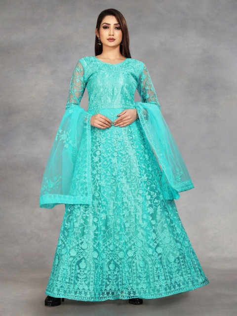 

APNISHA Blue Floral Net Semi-Stitched Maxi Dress With Dupatta