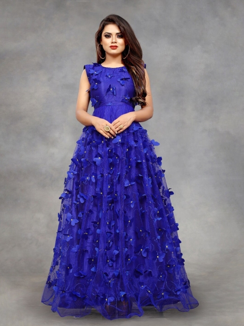 

APNISHA Blue Floral Net Maxi Dress