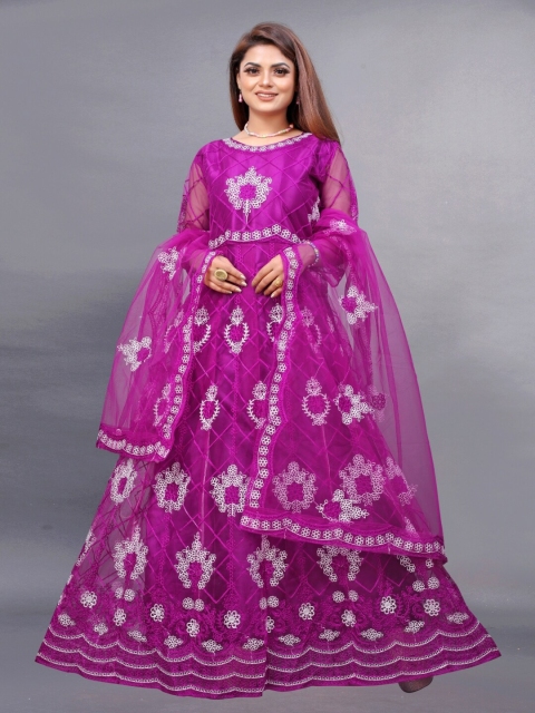 

APNISHA Purple Floral Net Maxi Dress