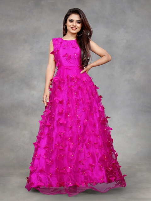 

APNISHA Pink Floral Net Maxi Dress