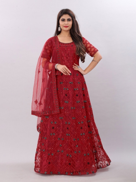 

APNISHA Maroon Floral Net Maxi Dress