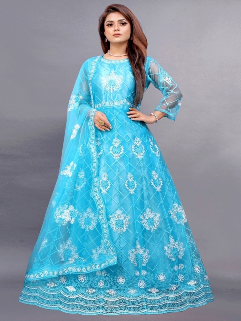 

APNISHA Blue Floral Net Maxi Dress