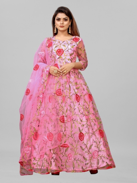 

APNISHA Peach-Coloured Floral Net Maxi Dress