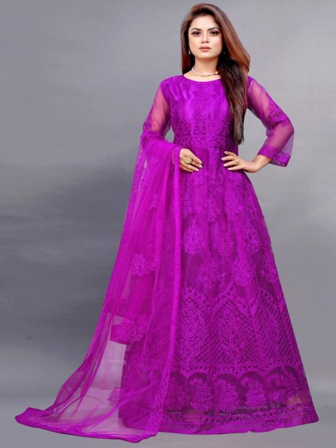 

APNISHA Purple Floral Net Maxi Dress