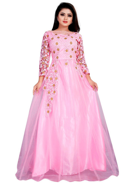 

APNISHA Pink Floral Net Maxi Dress