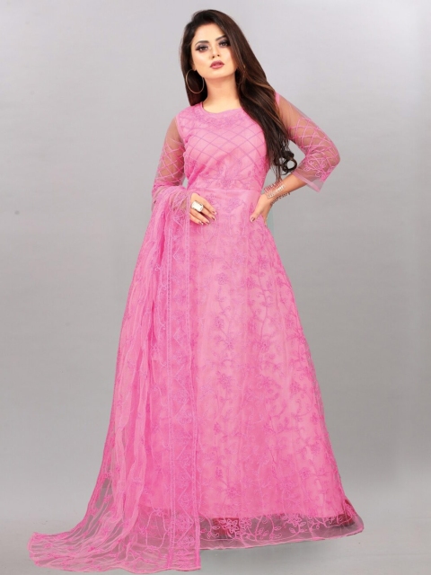 

APNISHA Pink Floral Net Maxi Dress
