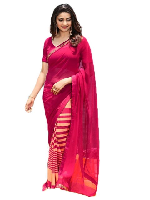 

Zainab chottani Pink & Beige Striped Pure Georgette Block Print Saree