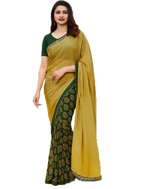 

Zainab chottani Yellow & Green Floral Pure Georgette Block Print Saree