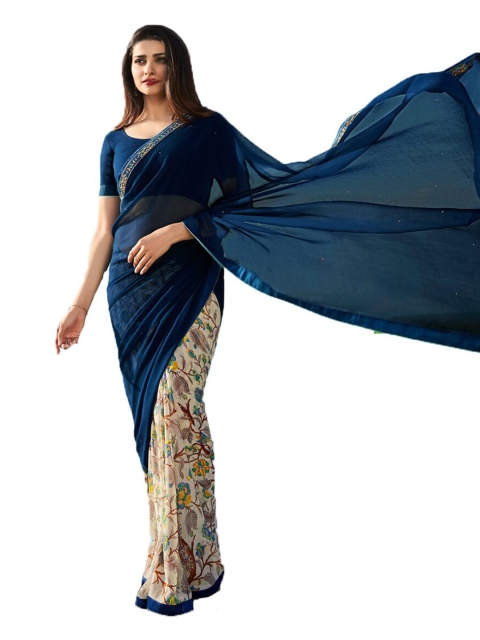 

Zainab chottani Blue & Cream-Coloured Pure Georgette Block Print Saree