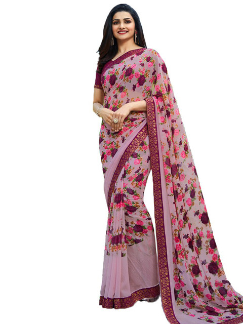 

Zainab chottani Pink & Magenta Floral Pure Georgette Block Print Saree