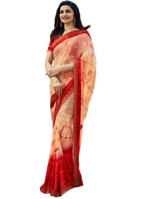 

Zainab chottani Peach-Coloured & Gold-Toned Floral Zari Pure Georgette Block Print Saree