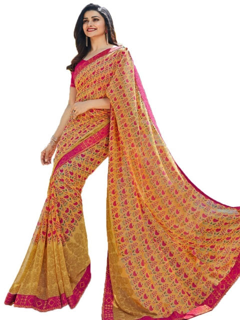 

Zainab chottani Yellow & Pink Floral Pure Georgette Saree