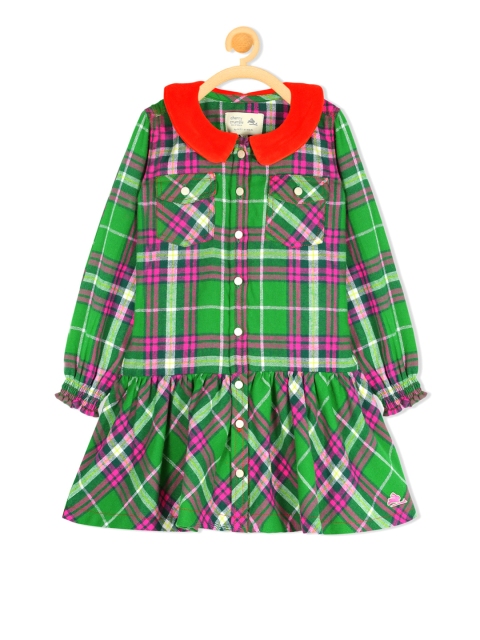 

Cherry Crumble Girls Green Checked Drop-Waist Dress