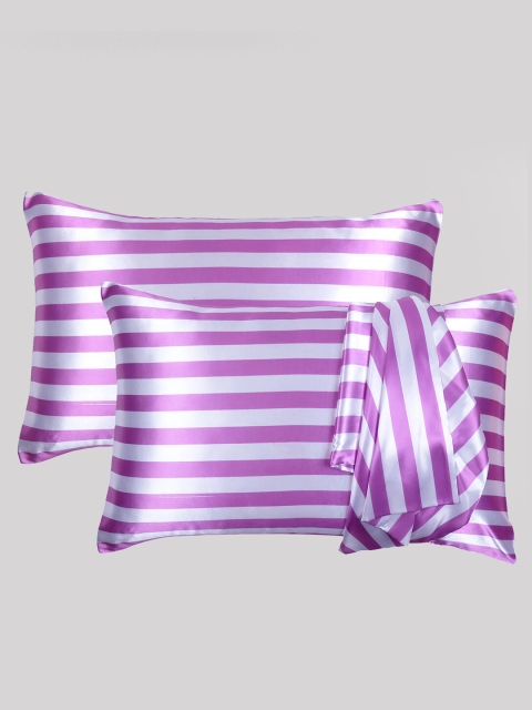 

OUSSUM Set Of 2 White and Purple Striped Satin Pillow Covers