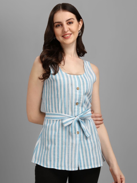 

GUFRINA Blue Vertical Striped Cinched Waist Top