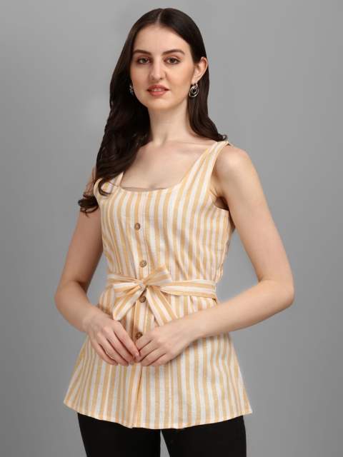 

GUFRINA Yellow & White Striped Waist Tie Up Top
