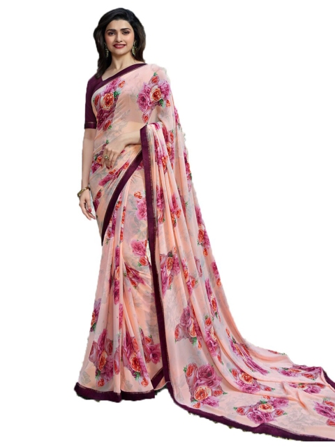 

Zainab chottani Pink & Green Floral Pure Georgette Block Print Saree