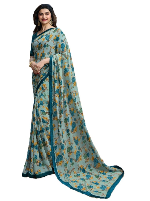 

Zainab chottani Blue & Yellow Floral Pure Georgette Block Print Saree