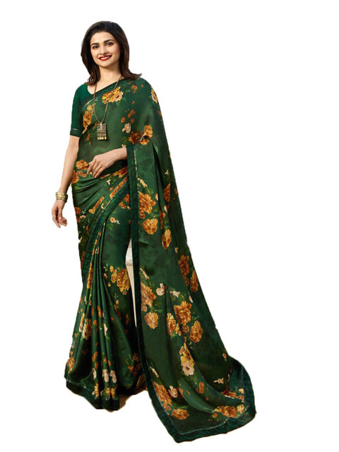 

Zainab chottani Green & Yellow Floral Pure Georgette Block Print Saree