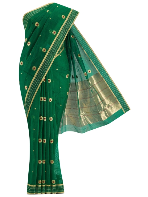 

Nalli Next Green & Gold-Toned Floral Zari Silk Cotton Chanderi Saree