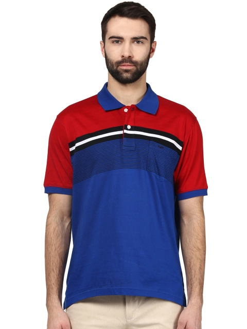 

ColorPlus Men Blue & Red Striped Colourblocked Slim Fit Polo Collar T-shirt
