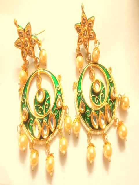 

Runjhun Green & Gold-Plated Contemporary Chandbalis Earrings