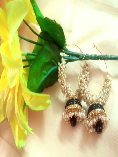 

Runjhun Black & White Gold-Plated Contemporary Jhumkas Earrings