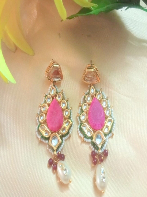 

Runjhun Pink & White Gold-Plated Contemporary Drop Earrings