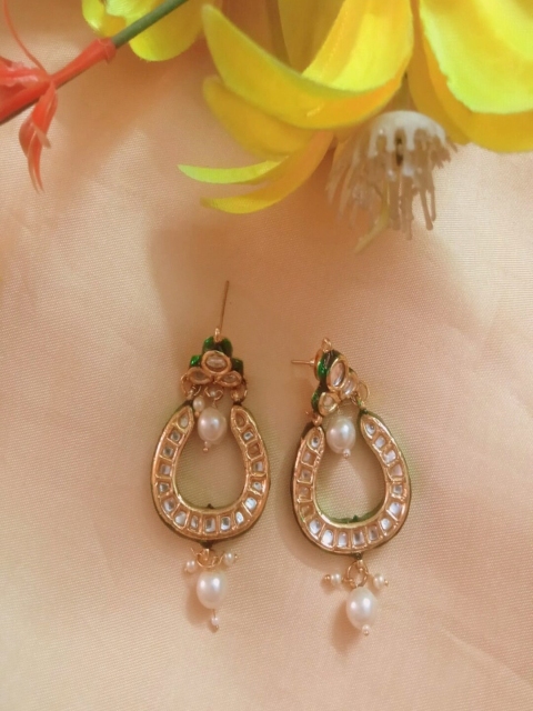 

Runjhun Green & Gold Plated Contemporary Drop Earrings