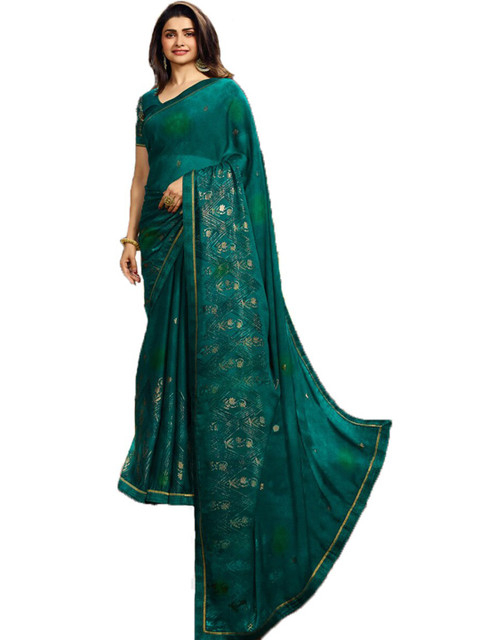 

Zainab chottani Green & Gold-Toned Floral Zari Pure Georgette Block Print Saree