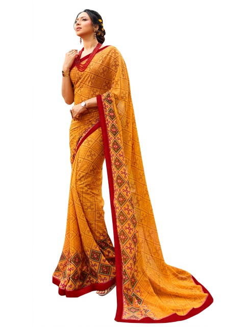 

Zainab chottani Yellow & Red Floral Pure Georgette Block Print Saree