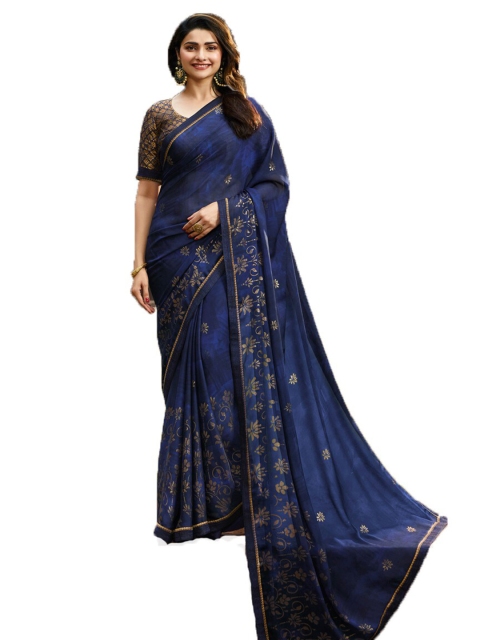 

Zainab chottani Blue & Gold-Toned Floral Pure Georgette Block Print Saree