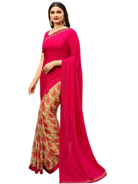 

Zainab chottani Pink & Green Paisley Pure Georgette Block Print Saree