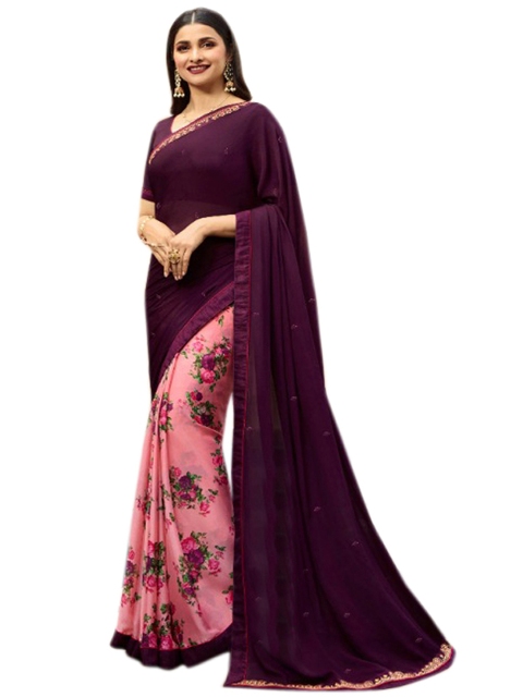 

Zainab chottani Purple & Peach-Coloured Floral Pure Georgette Block Print Saree