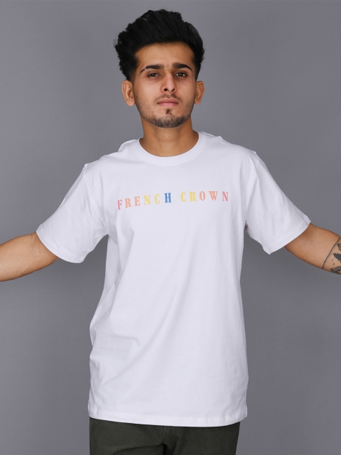 

FRENCH CROWN Men White Typography Printed Applique T-shirt