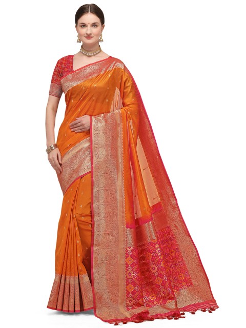 

Kasak Orange & Gold-Toned Ethnic Motifs Zari Silk Blend Paithani Saree