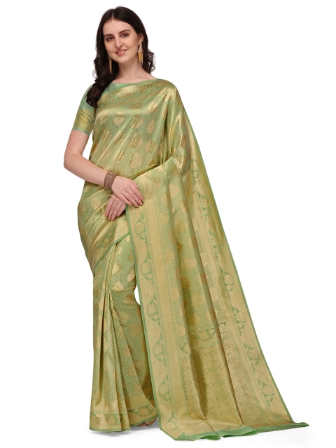 

Kasak Green & Gold-Toned Paisley Zari Silk Blend Banarasi Saree