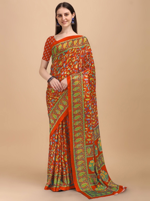 

Kasak Orange & Green Floral Printed Crepe Saree